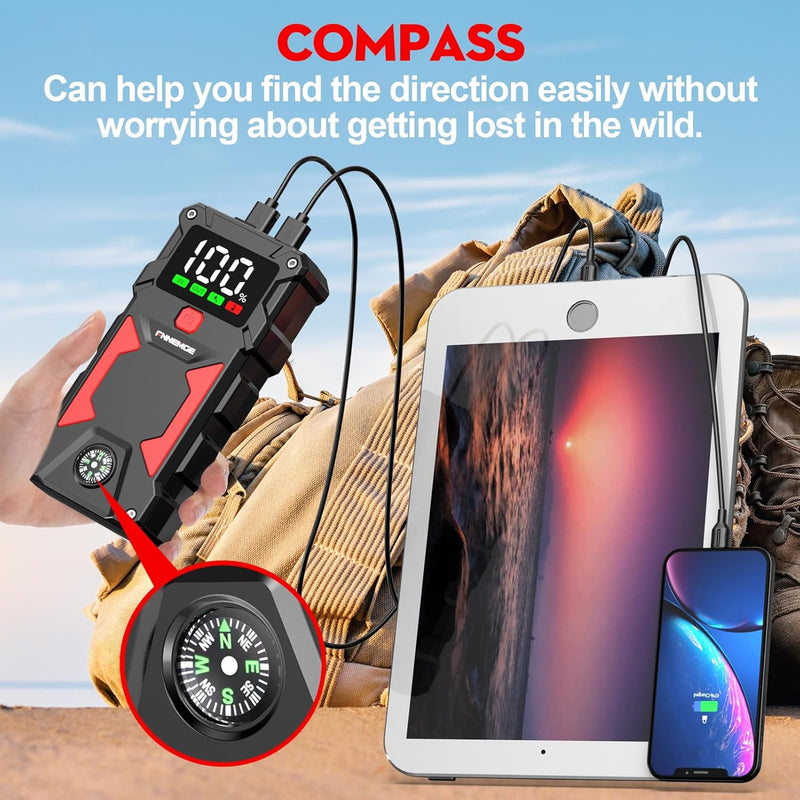 Dylect® AIR NOVA 5-in-1 Jump Starter & Tyre Inflator for Car and Bike | 1000A Peak | 12,000 mAh Power Bank | 160 PSI | Dual Display & Auto Cut-Off | LED Light | Type-C Fast Charge