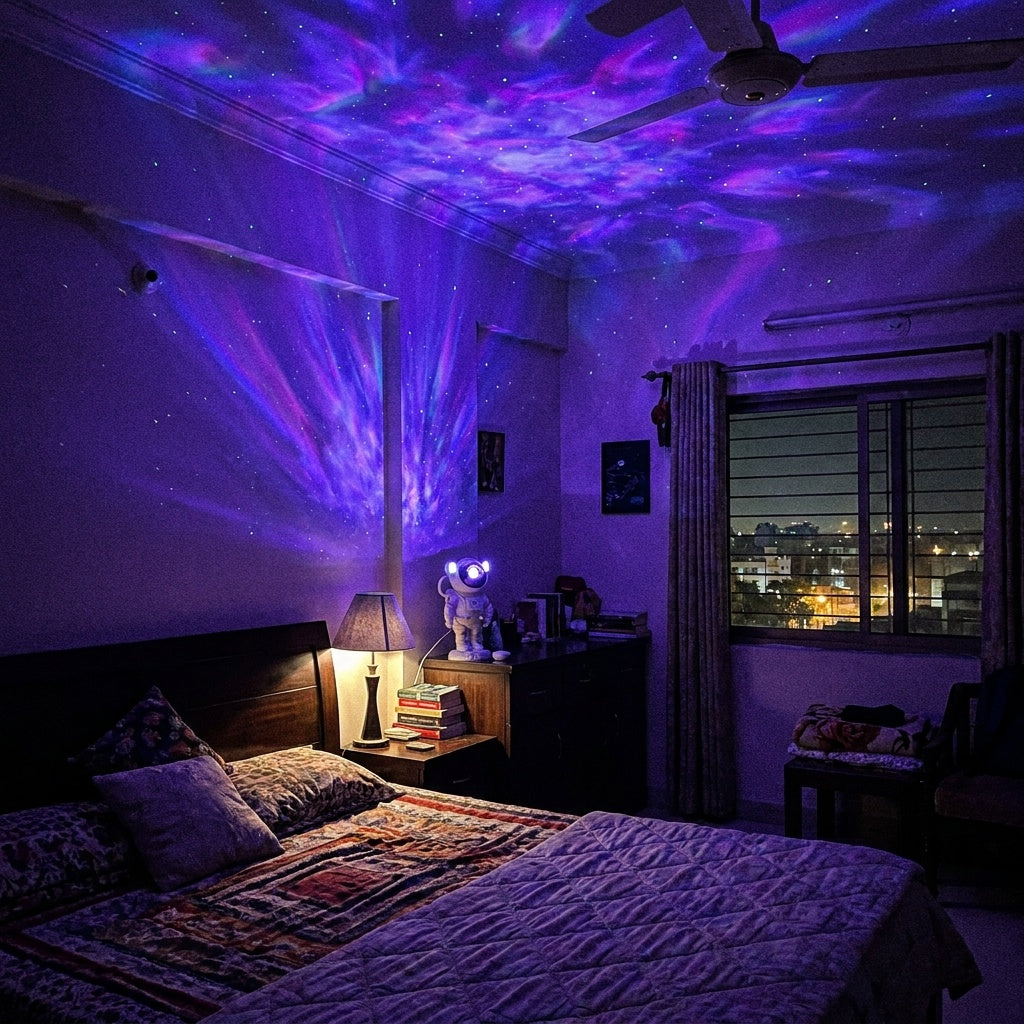 Magical galaxy oasis bedroom after astronaut projector