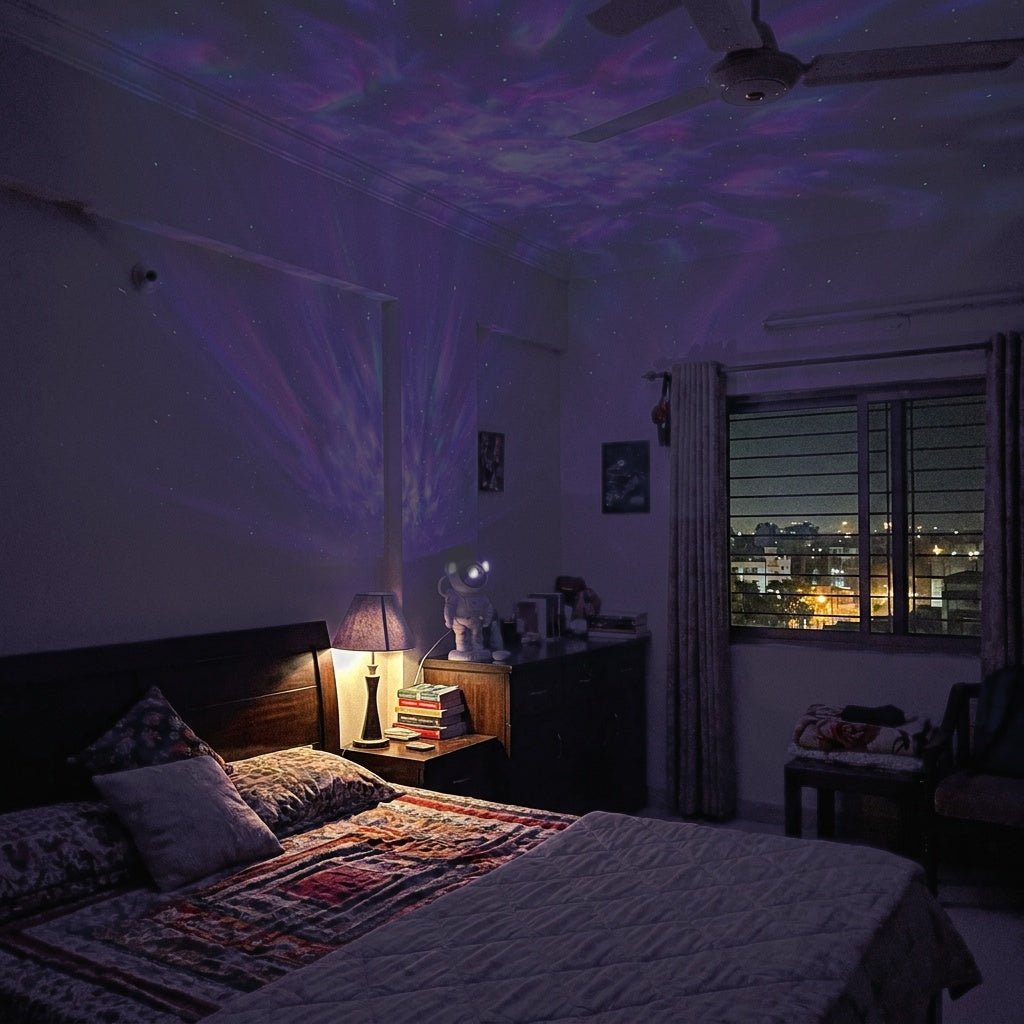 Plain dark bedroom before astronaut projector